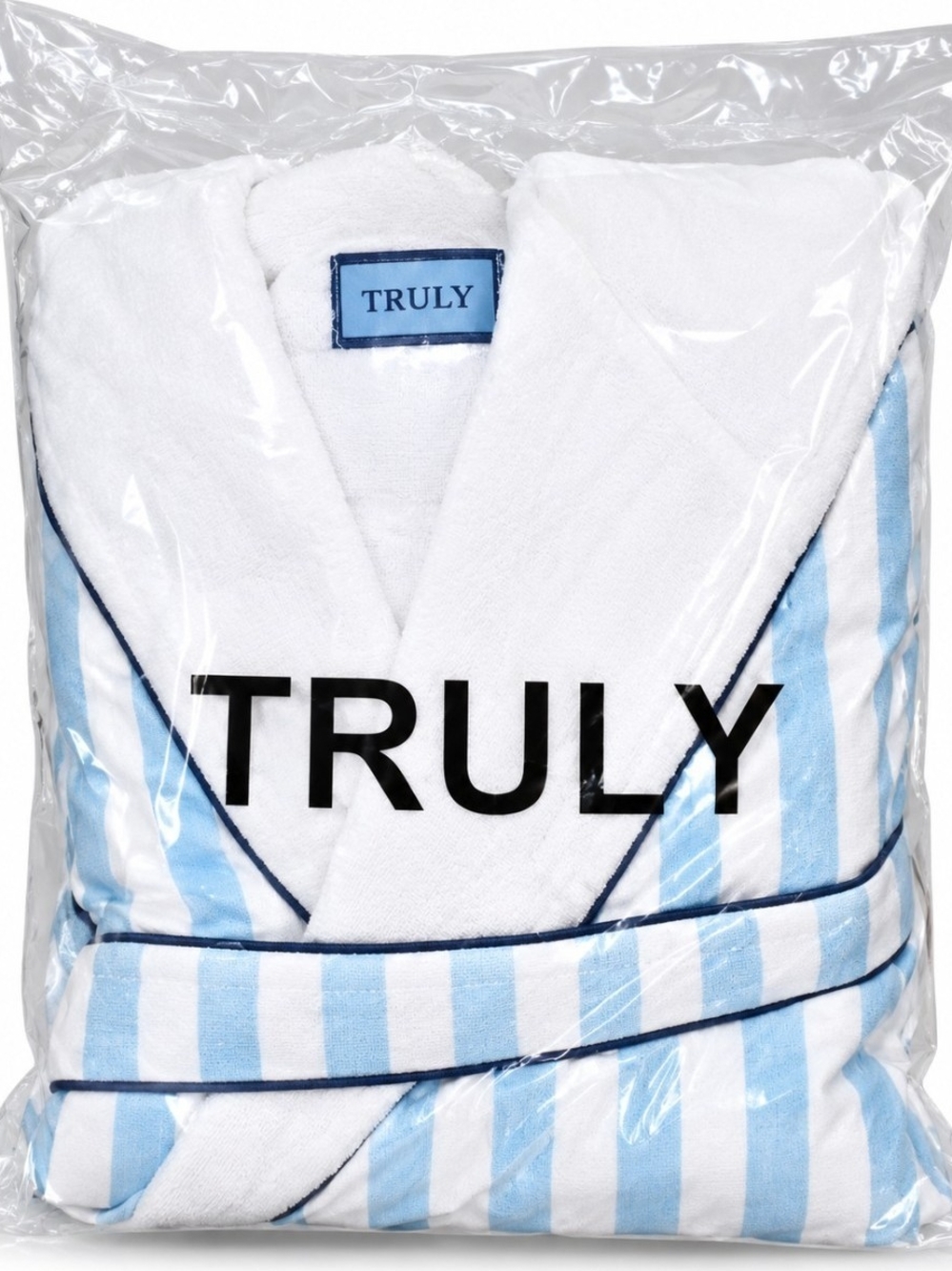 NEW Truly Beauty Blue & White Striped Plush Robe One Size NWT Spa Bathrobe